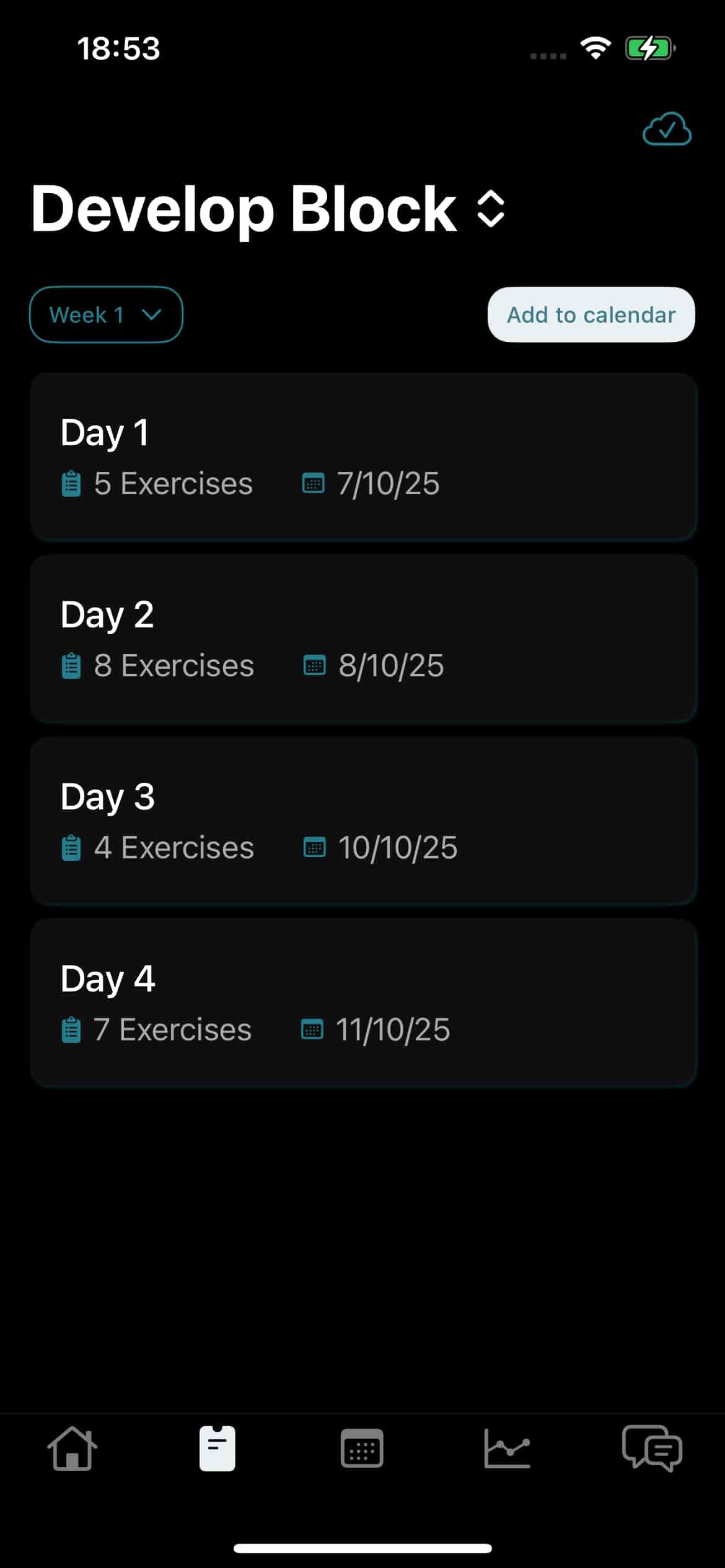 athlete app screenshot of the workouts of a training block