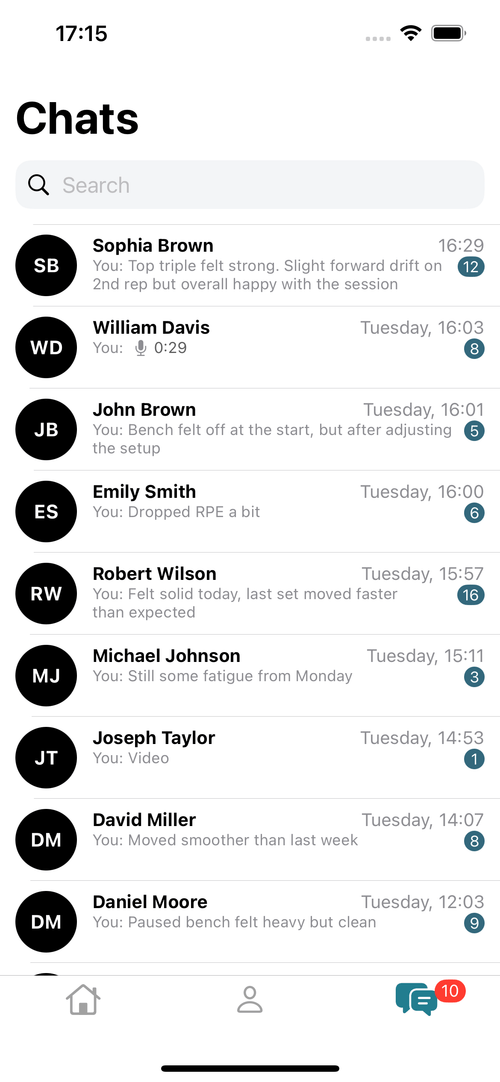 coach app screenshot of the list of chats